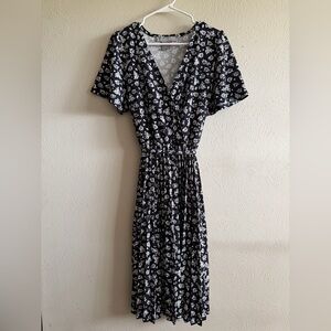 Black and White Floral Wrap Midi Dress with Elastic Waist